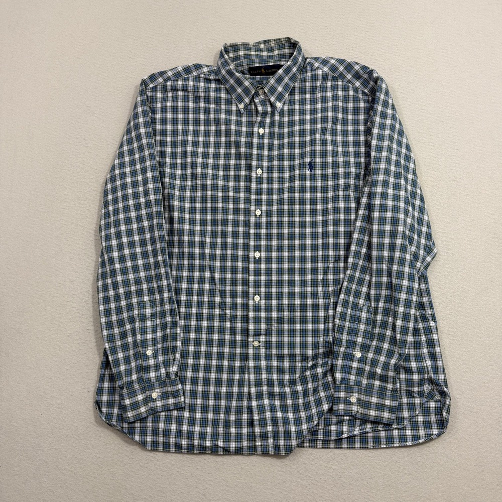 Polo Ralph Lauren Button Down Shirt 17.5 Blue Green Plaid Long Sleeve Classic